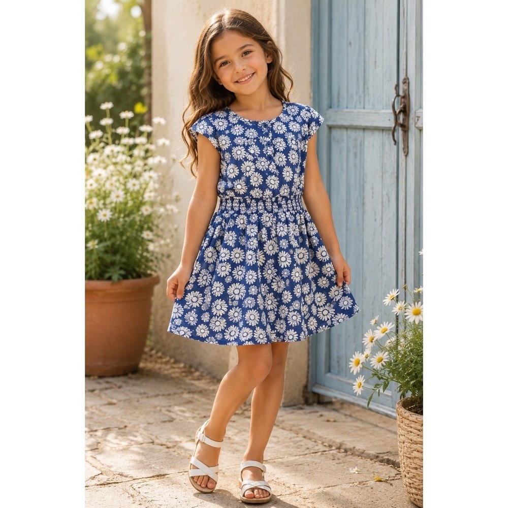 OshKosh B'gosh‎ Girls Blue Daisy Floral Dress Cotton Smocked Waist Size 6X